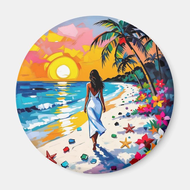 Woman on Beach Tropical Scene Magnet (Framsidan)