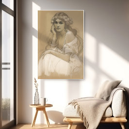 Woman Pencil White Crayon Porträtt Study Mucha Poster
