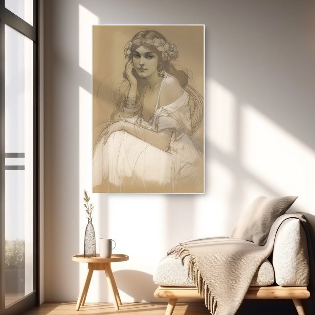 Woman Pencil White Crayon Porträtt Study Mucha Poster (Skapare uppladdad)