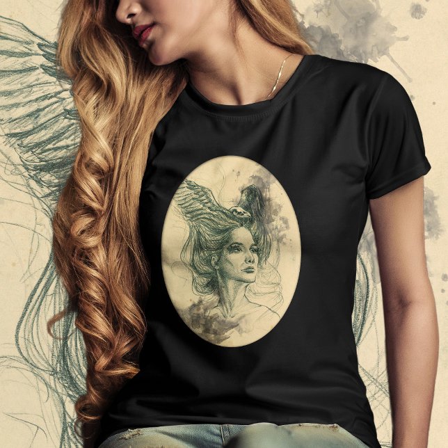 Woman porträtt Bird skalle och Vingar Surreal kons T Shirt (Skapare uppladdad)