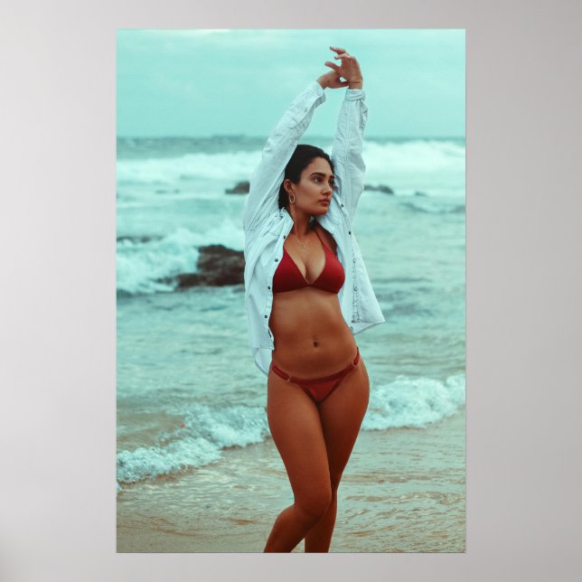 Woman Posing On A Beach In Red Bikini Poster (Framsidan)