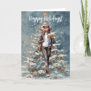 Woman Postal Carrier Julgran Card Helgkort