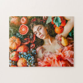 Woman reclining among fruits and petals pussel