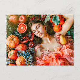 Woman reclining among fruits and petals vykort