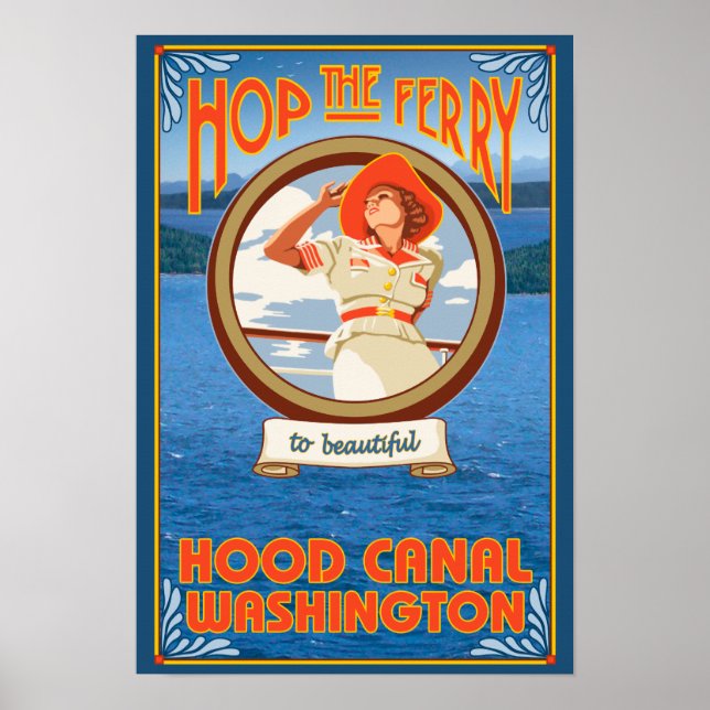 Woman Riding Ferry - Huva Canal, Washington Poster (Framsidan)