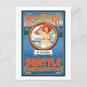 Woman Riding Ferry - Seattle, Washington Vykort