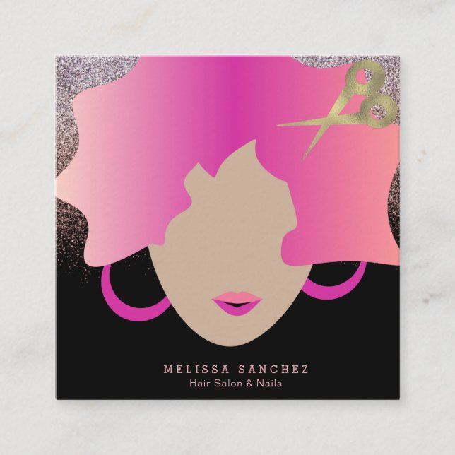 Woman Rosa Hair Faux Guld Glitter Salon Beauty Fyrkantigt Visitkort (Framsida)
