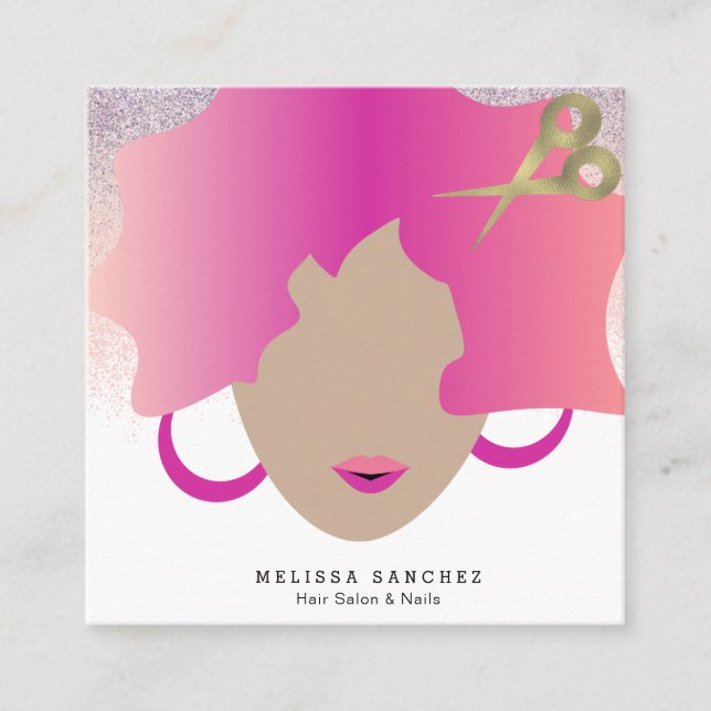 Woman Rosa Hair Faux Guld Glitter Salon Beauty Fyrkantigt Visitkort (Framsida)
