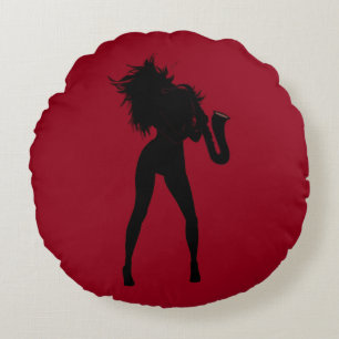 Woman Round Pillow för saxofonspelare (val Färg) Rund Kudde
