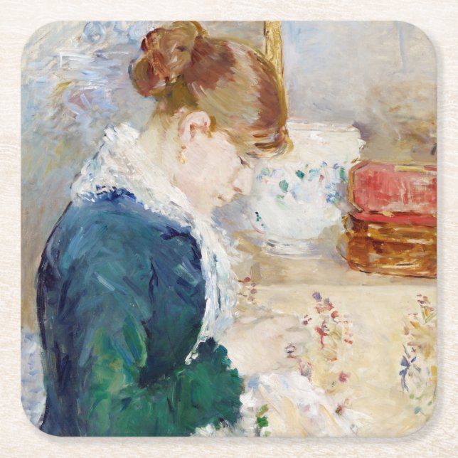 Woman Sewing, Berthe Morisot Underlägg Papper Kvadrat (Framsidan)