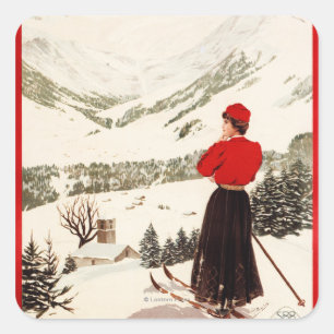 Woman Skier bortser från Adelboden Poster Fyrkantigt Klistermärke