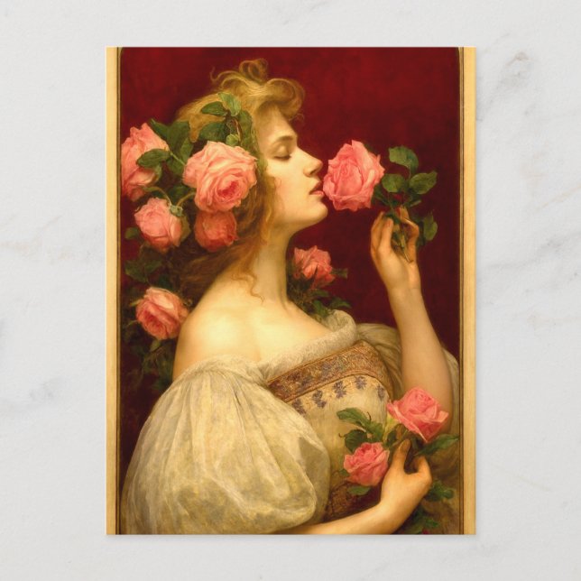 Woman Smelling A Rose Retro Victorian Era Vykort (Framsida)