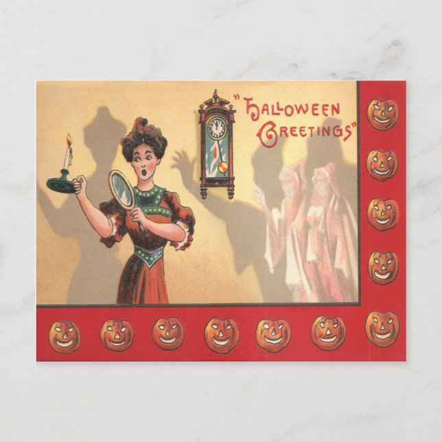 Woman Spegel Candle Clock Ghost Jack o lantern Vykort (Framsida)