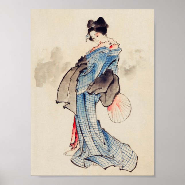 Woman Stands med Fläkt, Hokusai Poster (Framsidan)