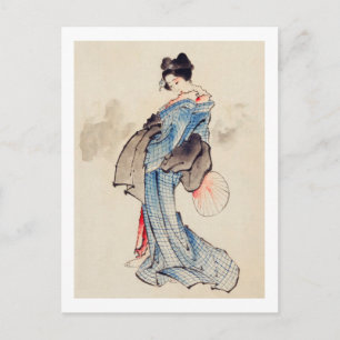 Woman Stands med Fläkt, Hokusai Vykort