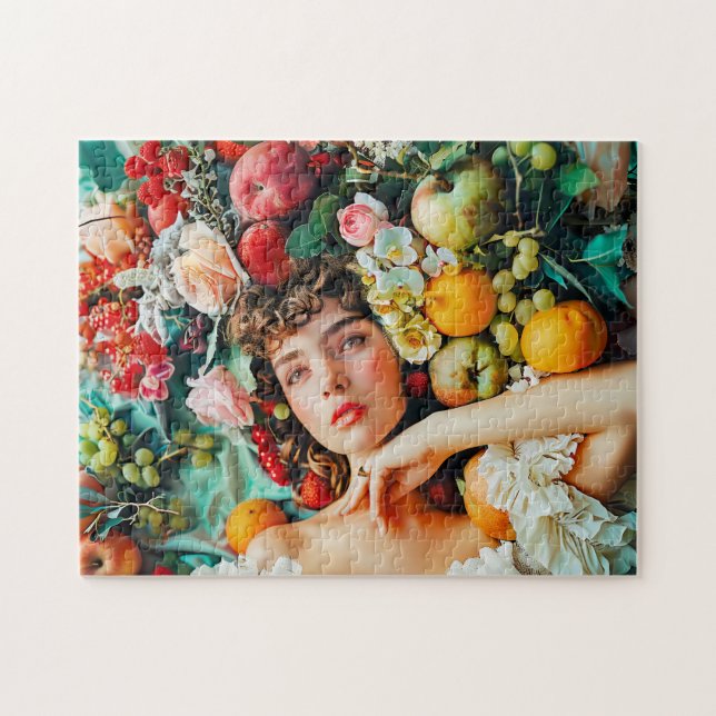 Woman surrounded by fruits and blossoms pussel (Horisontell)