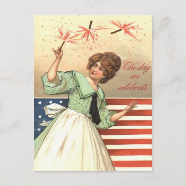 Woman US Flagga Fireworks Firecracker Vykort (Framsida)