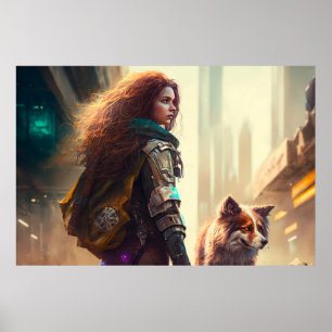 Woman Walking hennes Hund i framtidens stad Poster