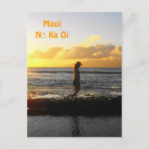 Woman Walking on Beach at Sunset in Maui Vykort