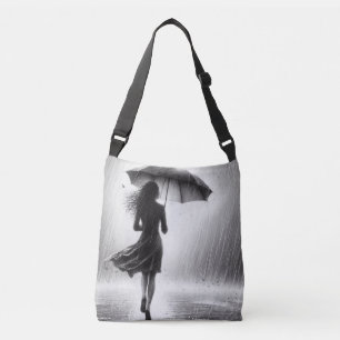 Woman Walking Peacuully i Rain med Umbrella Axelväska