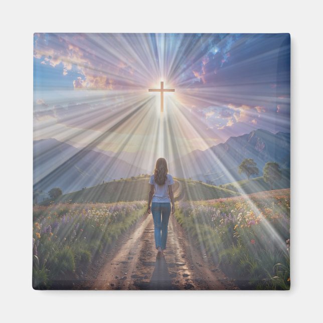 Woman Walking Toward Glowing Cross – Faith Journey Magnet (Framsidan)