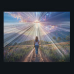 Woman Walking Toward Glowing Cross – Faith Journey Poster<br><div class="desc">Follow the light—no matter where the road leads, Christ is there to guide you. This inspirational poster features an AI-assisted artwork from the Lila Faye Belle music video “The Ones Cast Aside.” A barefoot woman in blue jeans and a white T-shirt walks down a winding dirt road toward a radiant...</div>