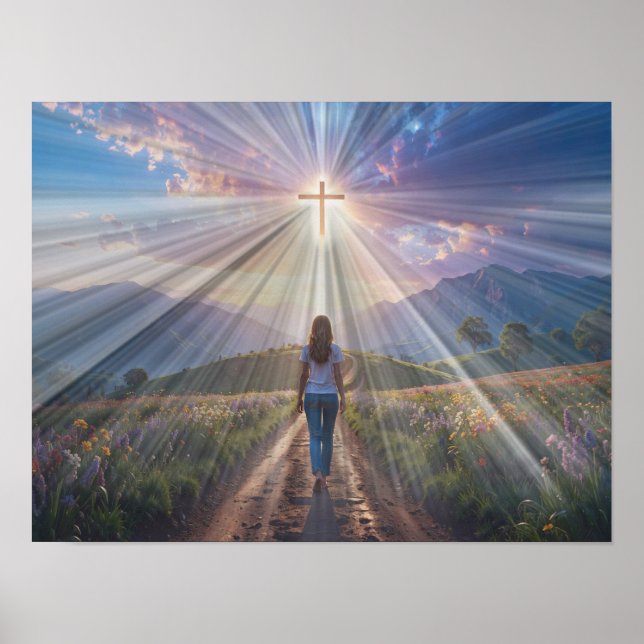 Woman Walking Toward Glowing Cross – Faith Journey Poster (Framsidan)