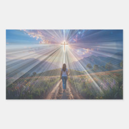 Woman Walking Toward Glowing Cross – Faith Journey Rektangulärt Klistermärke