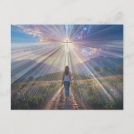 Woman Walking Toward Glowing Cross – Faith Journey Vykort
