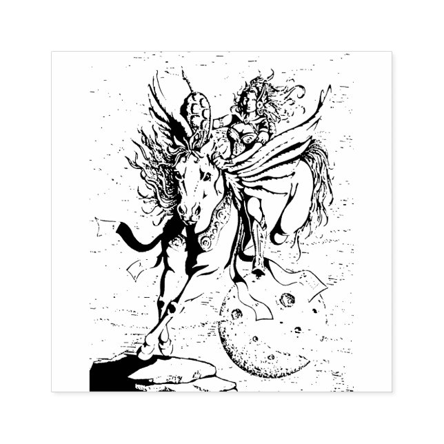 WOMAN WARRIOR, FLYING HORSE PEGASUS FANTASY HERO STÄMPEL (Tryck)