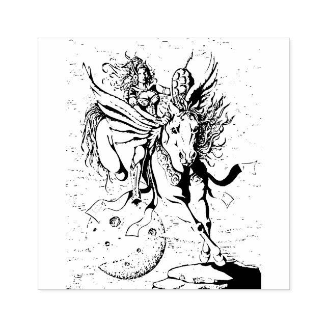 WOMAN WARRIOR, FLYING HORSE PEGASUS FANTASY HERO STÄMPEL (Tryck)
