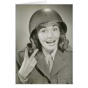 Woman Wearing an Army Helmet Hälsningskort