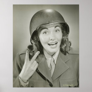 Woman Wearing an Army Helmet Poster