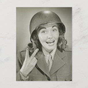 Woman Wearing an Army Helmet Vykort