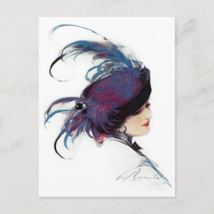 Woman Wearing Finare Blue Feather Hat Vykort