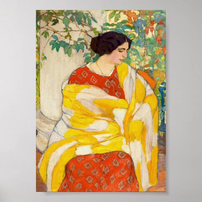 Woman Wearing Gult Shawl Vintage Porträtt Poster (Framsidan)