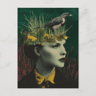 Woman With Bird on Her Head Mixed Media Collage Vykort