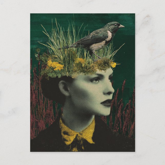 Woman With Bird on Her Head Mixed Media Collage Vykort (Framsida)