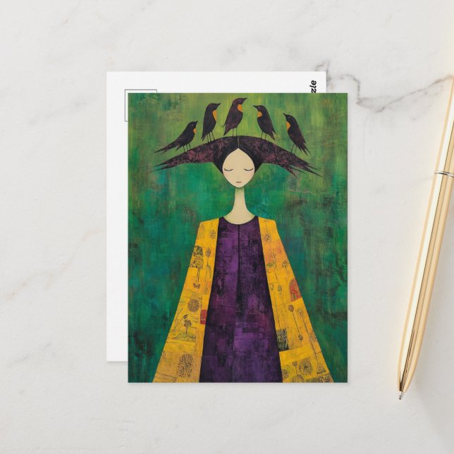 Woman With Birds on Her Head  Vykort (Fram/Back In Situ)