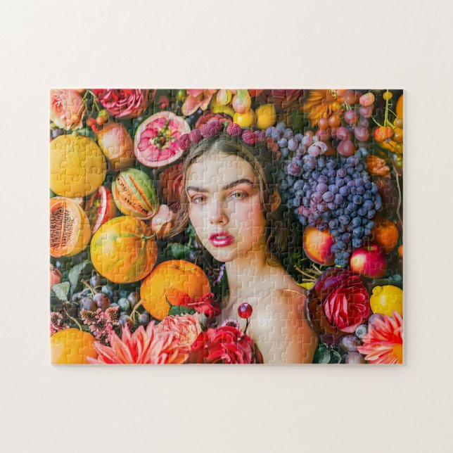 Woman with citrus fruits and flower garland pussel (Horisontell)