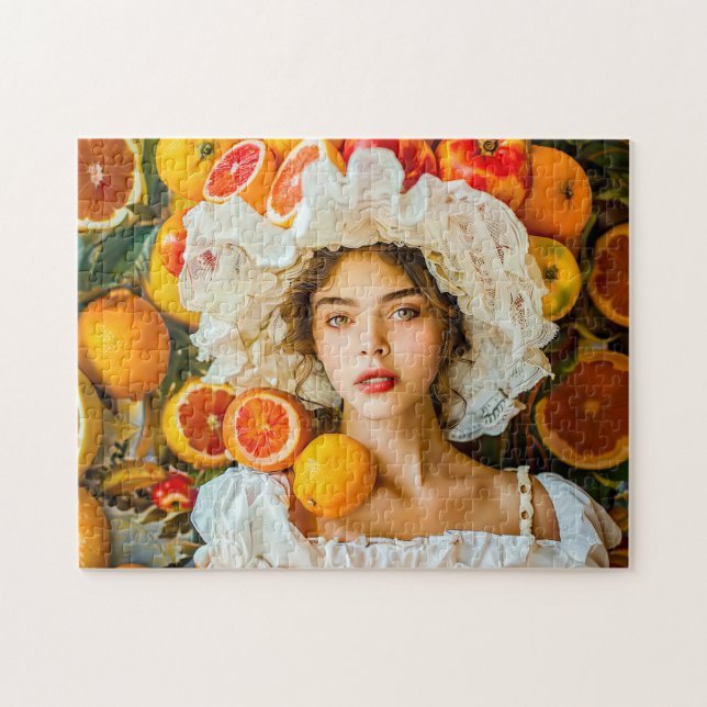 Woman with citrus fruits and flower garland pussel (Horisontell)