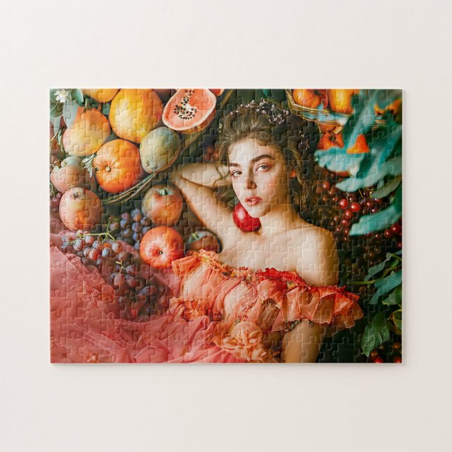 Woman with fruits and flowers portrait style pussel (Horisontell)