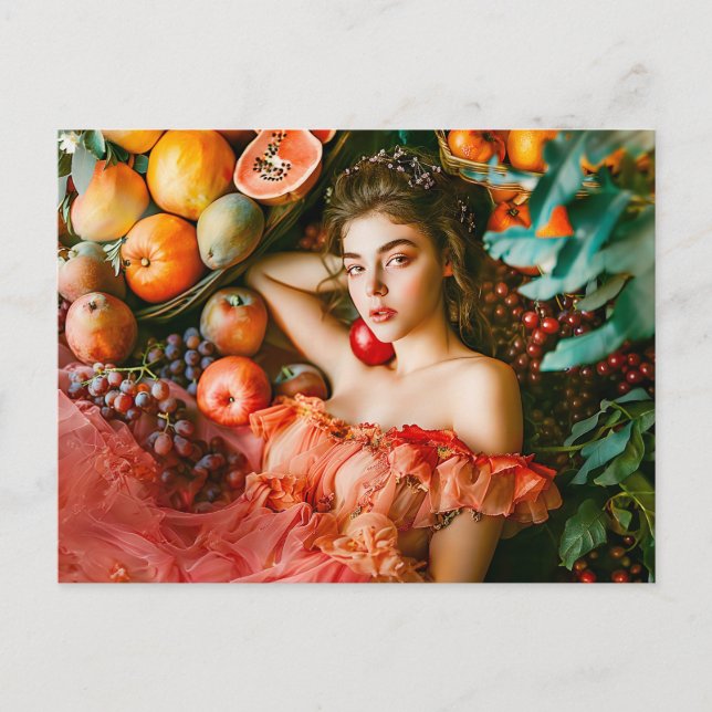 Woman with fruits and flowers portrait style vykort (Framsida)