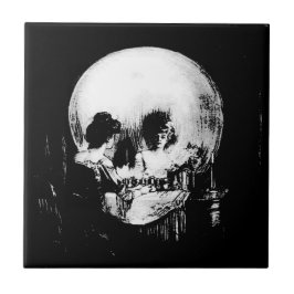 Woman with Halloween Skull Reflection In Mirror Kakelplatta