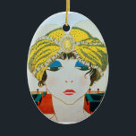 WOMAN WITH ORIENTAL YELLOW TURBAN / BLUE SAPPHIRE JULGRANSPRYDNAD KERAMIK<br><div class="desc">Vibrant , classy French Art Deco high fashion illustration. Portrait of a beautiful young elegant lady wearing a yellow oriental hat with feathers in black white , yellow , blue red colors .Cool , modern and artistic design.It is also a beautiful for Christmas, holiday, special occasions, birthday parties , New...</div>