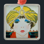 WOMAN WITH ORIENTAL YELLOW TURBAN JULGRANSPRYDNAD METALL<br><div class="desc">Vibrant , classy French Art Deco high fashion illustration. Portrait of a beautiful young elegant lady wearing a yellow oriental hat with feathers in black white , yellow , blue red colors .Cool , modern and artistic design.It is also a beautiful for Christmas, holiday, special occasions, birthday parties , New...</div>