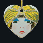 WOMAN WITH ORIENTAL YELLOW TURBAN / RED RUBY HEART JULGRANSPRYDNAD KERAMIK<br><div class="desc">Vibrant , classy French Art Deco high fashion illustration. Portrait of a beautiful young elegant lady wearing a yellow oriental hat with feathers in black white , yellow , blue red colors .Cool , modern and artistic design.It is also a beautiful for Christmas, holiday, special occasions, birthday parties , New...</div>