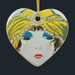 WOMAN WITH ORIENTAL YELLOW TURBAN / RED RUBY HEART JULGRANSPRYDNAD KERAMIK<br><div class="desc">Vibrant , classy French Art Deco high fashion illustration. Portrait of a beautiful young elegant lady wearing a yellow oriental hat with feathers in black white , yellow , blue red colors .Cool , modern and artistic design.It is also a beautiful for Christmas, holiday, special occasions, birthday parties , New...</div>
