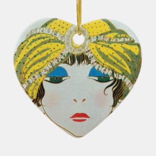 WOMAN WITH ORIENTAL YELLOW TURBAN / RED RUBY HEART JULGRANSPRYDNAD KERAMIK