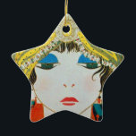 WOMAN WITH ORIENTAL YELLOW TURBAN Star Julgransprydnad Keramik<br><div class="desc">Vibrant , classy French Art Deco high fashion illustration. Portrait of a beautiful young elegant lady wearing a yellow oriental hat with feathers in black white , yellow , blue red colors .Cool , modern and artistic design.It is also a beautiful for Christmas, holiday, special occasions, birthday parties , New...</div>